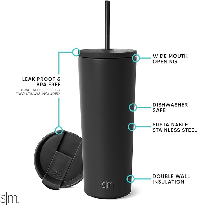 Simple Modern Insulated Tumbler with Lid and Straw | Iced Coffee Cup Reusable Stainless Steel Water Bottle Travel Mug | Gifts for Women Men Her Him | Classic Collection | 24oz | Midnight Black