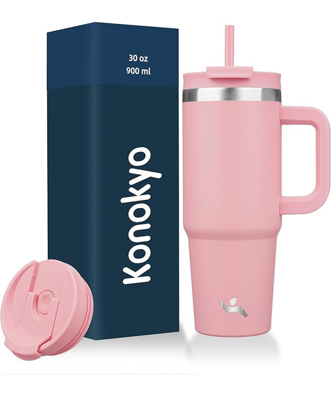 30 oz Tumbler with Handle and 2 Straws,2 in 1 Lid Insulated Water Bottle Stainless Steel Travel Coffee Mug,Pink