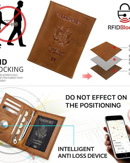 CONTACTS Full Grain Leather Passport Holder RFID Blocking Travel Passport Wallet Compatible with Airtag for Men and Women Passport Cover Case with 4 Cards Slots, Coin Pocket (Badge, Camel Brown)