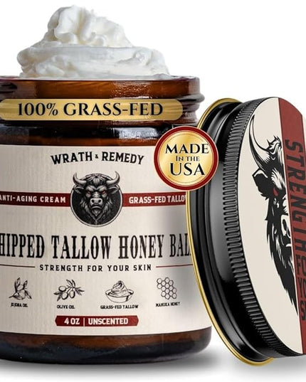 Organic Beef Tallow for Skin - 4 OZ (Unscented) — Grass Fed Beef Tallow for face + Body — US-Made Whipped Tallow and Honey Balm Moisturizer for Dry and Sensitive Skin, Eczema, Rosacea (No Additives)