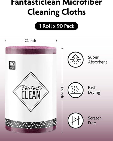Fantasticlean Microfiber Cleaning Cloth Roll -90 Pack, Tear Away Microfiber Towels, 12" x 12", Reusable, Washable, Scratch Free, Ultra Absorbent for All-Around Cleaning Supplies (Deep Purple)