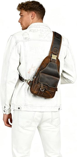 Genuine Leather Hiking Travel DayPack Sling Crossbody Triangle Chest Pack Bag For Men Women 8241