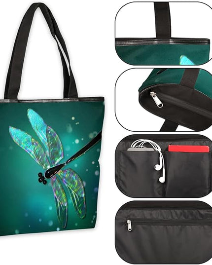 Dragonfly Cute Canvas Tote Bags, Eco Friendly Reusable Grocery Shopping Bags for Beach, Books, Women & Girls With Zipper Inner Pocket