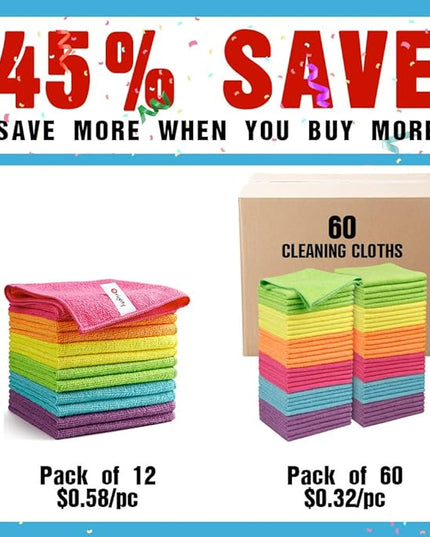 Orighty Microfiber Cleaning Cloth Pack of 60, Microfiber Towels for Cars, Highly Absorbent Car Cleaning Supplies, Lint Free Cloths Clean Rags for Car Care, House, Kitchen, 12x12 inch
