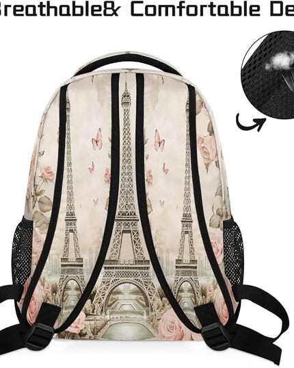Large Backpack with 15.6 Inch Laptop Compartment, Retro Paris Tower Roses Adult Backpack for Work, Travel & School College Boys Girls