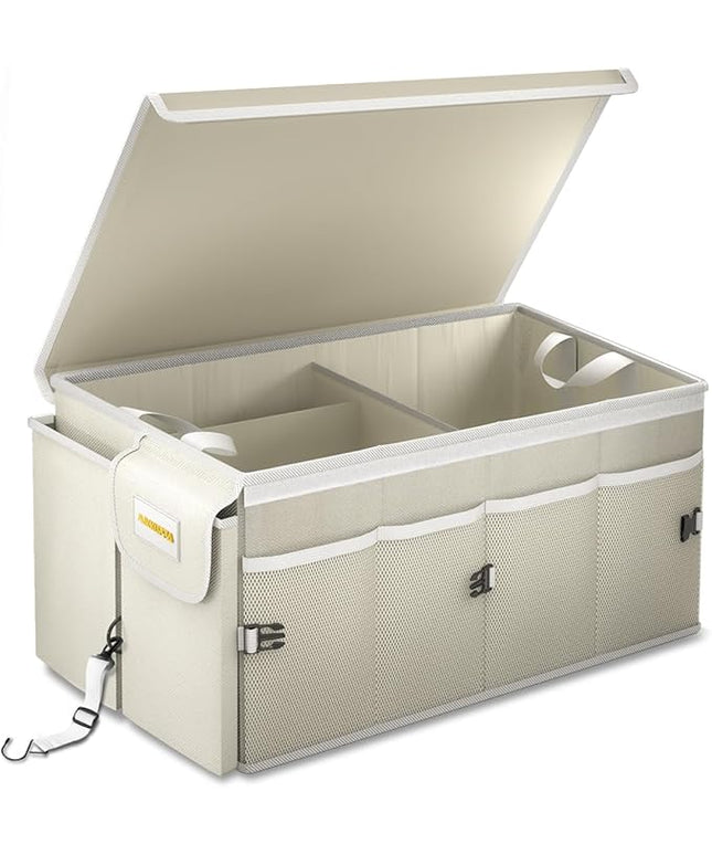 MIKKUPPA Car Trunk Organizer - 65L Collapsible Trunk Organizer with Lid, Sturdy Car Storage for SUV Auto Truck Van with Adjustable Straps and Non Slip Bottom (White)