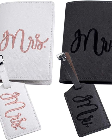 Mr and mrs passport covers and luggage tags gift set，Honeymoon embroidery Travel Luggage Tags Passport Cover for Wedding Bridal Shower Gift