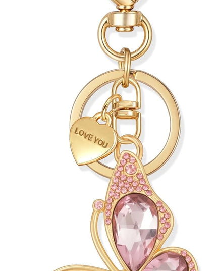 XGALBLA Cute Bling Crystals Rhinestone Butterfly KeyChain with Heart Pendant, Lovely Bag Charms for Handbags Purse Accessory