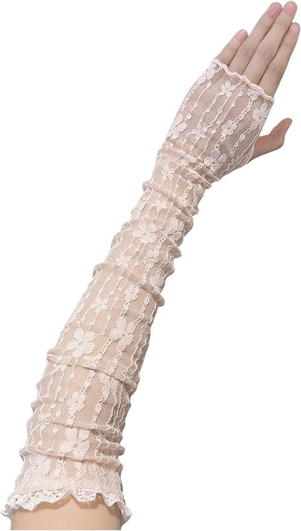 SHENHE Women's Sheer Lace Tulle Gloves Fingerless Elbow Length Arm Sleeves Mittens