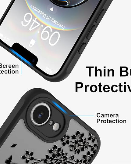 Cute Case for iPhone 16e Case with Stand [ Compatible with MagSafe ] Kawaii Black Cat & Floral & Butterflies Pattern Design 360 Magnetic Ring Kickstand Phone Cover for Women Girls Boys