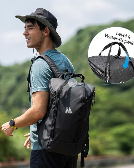 INUK Laptop Backpack for College Students & Work, 25L Lightweight Waterproof Backpack for Business Travel, Hiking Daypack with Padded Sleeve and Safety Whistle, Made from Recycled Materials，Black
