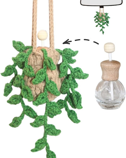 Handmade Crochet Hanging Car Air Freshener,12ml Empty Refillable Oil Diffuser Bottle with Crochet Hanging succulents Plant for Car Rearview Mirror for Home, and Office Hanging Diffuser Decor
