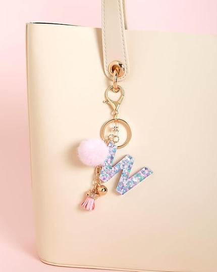 Resin Alphabet Initial Letter Keychain Keyring for Women Purse Handbags With Fur Ball Pom