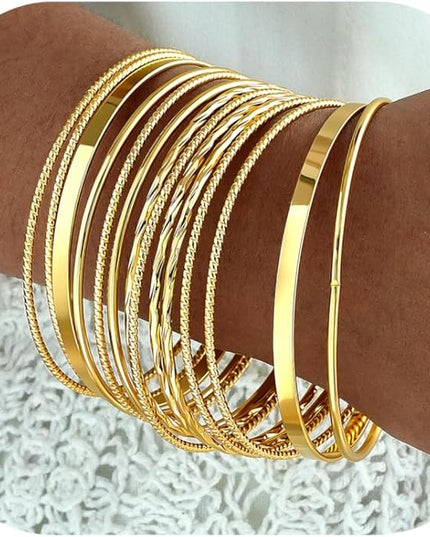 ÌF ME Gold Bangle Bracelets for Women, Indian Bangles Stackable Set, Multi Layer Textured 14K Gold Plated Chunky Bracelets Boho Jewelrys Set
