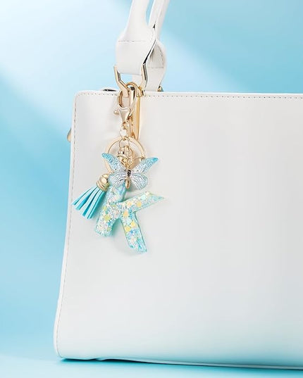 Fashion Alphabet Initial Letter Keychain Tassel Butterfly Pendant Key Ring for Purse Handbags Women Girl