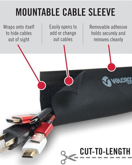 VELCRO Brand VEL-30797-USA Mountable Cable Sleeve | Cord Management Mounts on Walls, Desk or Entertainment Center | Removable Adhesive is Damage Free | 12in Black, 2pk, 12in-2Pk
