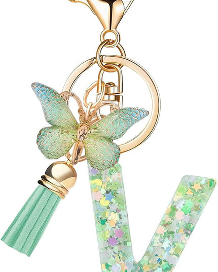 Fashion Alphabet Initial Letter Keychain Tassel Butterfly Pendant Key Ring for Purse Handbags Women Girl