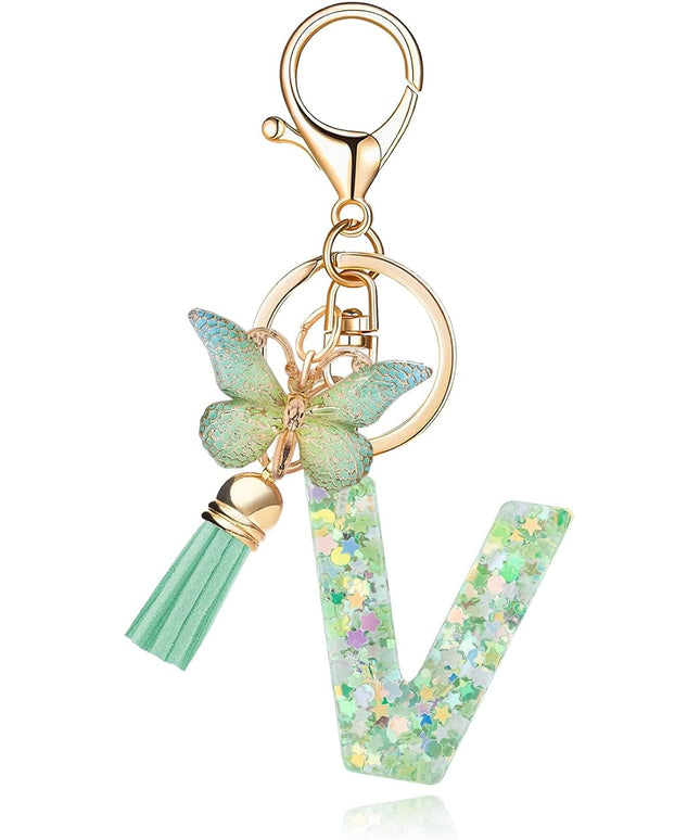Fashion Alphabet Initial Letter Keychain Tassel Butterfly Pendant Key Ring for Purse Handbags Women Girl