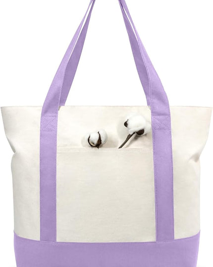 TOPDesign 6-Pack Canvas Tote Bags with an External Pocket, Reusable Grocery Shopping Bags, Top Zipper Closure, Daily Essentials (Lavender/Natural)