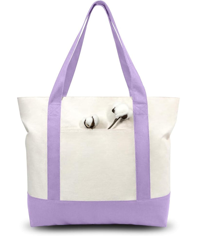 TOPDesign 6-Pack Canvas Tote Bags with an External Pocket, Reusable Grocery Shopping Bags, Top Zipper Closure, Daily Essentials (Lavender/Natural)