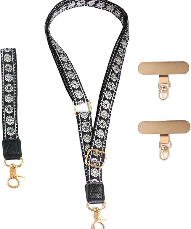 LEMEDE Phone Charm Lanyard, Gold Buckle Adjustable Crossbody and Wrist Strap with 2pcs 360-Degree Rotatable Phone Pad