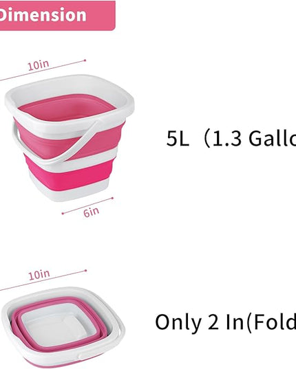 2 Pack Collapsible Buckets 5L 1.3Gallon Small Cleaning Bucket for Household Portable Plastic Bucket Outdoor Car Washing Tub Foldable Camping Beach Sand Water Pot Pail Space Saving Square Grey and Pink