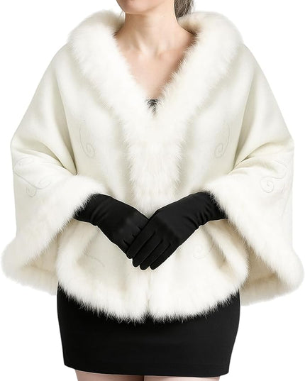 Zhanmai 2 Pcs Winter Long Shawl Cloak Stretchy Glove Opera Bridal Dance Gloves for Women Dress Party Coat