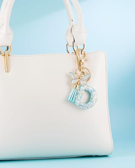 Fashion Alphabet Initial Letter Keychain Tassel Butterfly Pendant Key Ring for Purse Handbags Women Girl