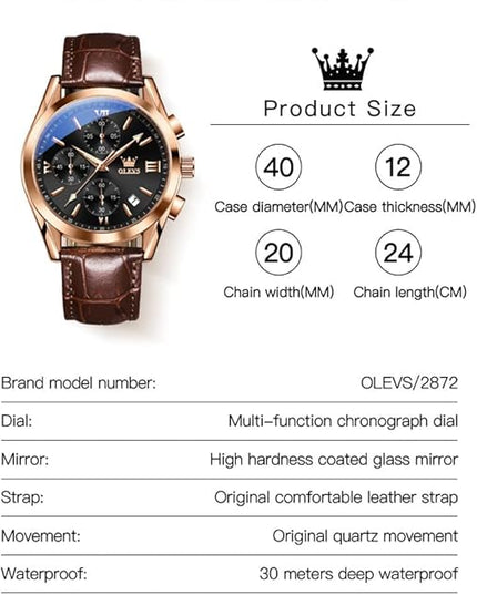 OLEVS Men's Watches Leather Strap Analog Quartz Watch, Fashion Big Dial Date Waterproof Watch, Dress Luxury Luminous Men Watches