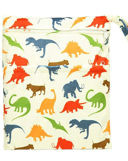 Medium Wet Dry Bag Baby Cloth Diaper Nappy Insert Bag Reusable Washable With Two Zippered Pockets Minky (Dinosaur)