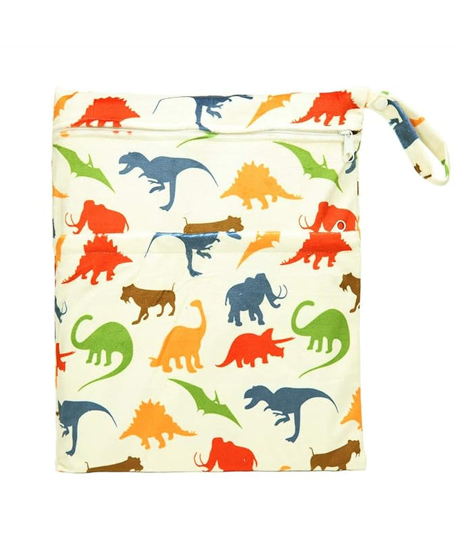Medium Wet Dry Bag Baby Cloth Diaper Nappy Insert Bag Reusable Washable With Two Zippered Pockets Minky (Dinosaur)