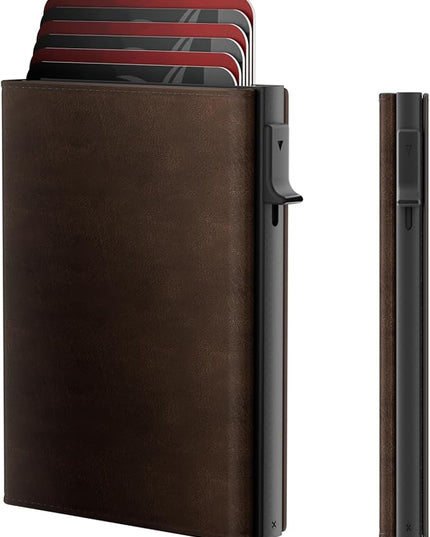 Mens Wallet Card Holder - Smart Wallet for Men, Pop Up Card Case, Top Grain Leather, RFID Blocking, Slim, Minimalist, Ultra-Thin, Front Pocket, 12 Card Capacity | ID Window | Cash Slot (Brown)