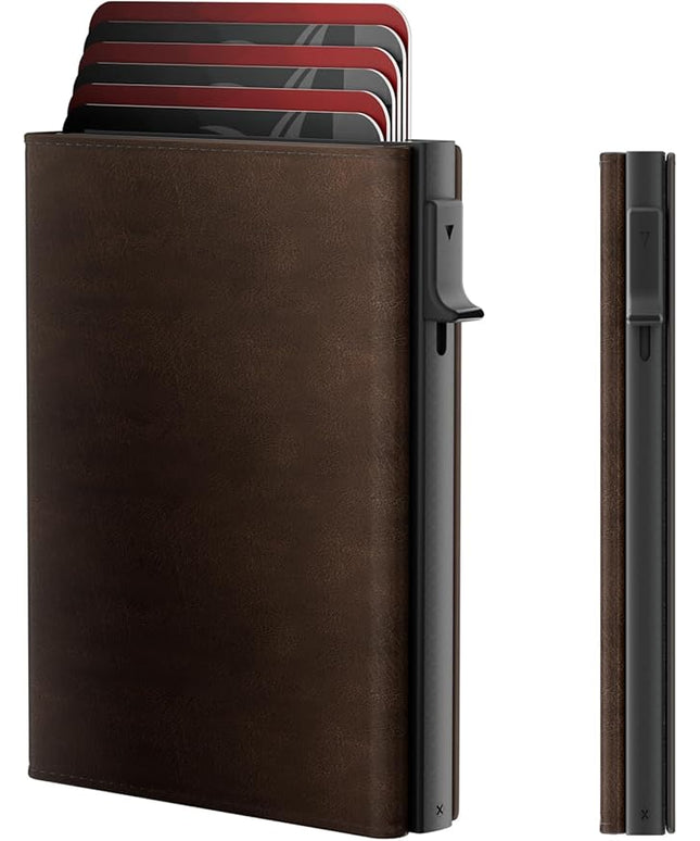 Mens Wallet Card Holder - Smart Wallet for Men, Pop Up Card Case, Top Grain Leather, RFID Blocking, Slim, Minimalist, Ultra-Thin, Front Pocket, 12 Card Capacity | ID Window | Cash Slot (Brown)