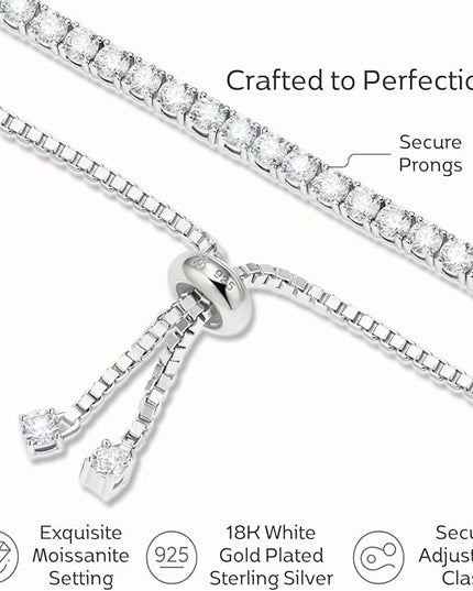 LOVE&LOVE Moissanite Tennis Bracelet for Women, Adjustable 18K Gold Plated 925 Sterling Silver Bracelet, 3/4mm D VVS1 Round Cut, Luxury Jewelry Gift for Wife Mom Girlfriend Birthday Anniversary