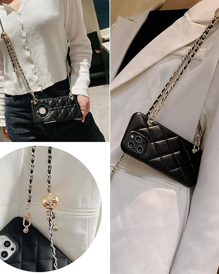 Cell Phone Lanyard Phone Crossbody Chain, Adjustable Phone Straps,Leather+Metal Shoulder Strap Cellphone Chain with Tether Patches Compatible with Most Phones Bag Purse Black