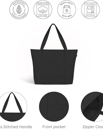Eco Right Canvas Tote Bag for Women with Zip & Inner Pocket, 100% Organic Cotton Tote Bags for Men, Shopping, Beach