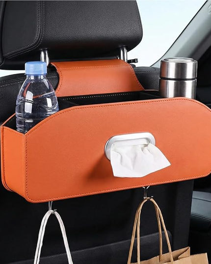 Car Seat Back Organizer with Tissue Box, Multifunctional Backseat Organizer for Car Interior Storage, Seat Back Storage Organizer for Phone, Drinks, Snacks & Handbags (Orange)