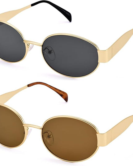Retro Oval Sunglasses for Women Men - Trendy Gold Sun Glasses - Fashion Metal Frame Shades