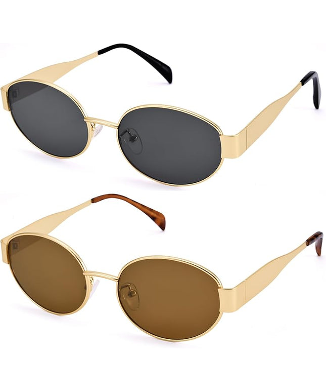 Retro Oval Sunglasses for Women Men - Trendy Gold Sun Glasses - Fashion Metal Frame Shades