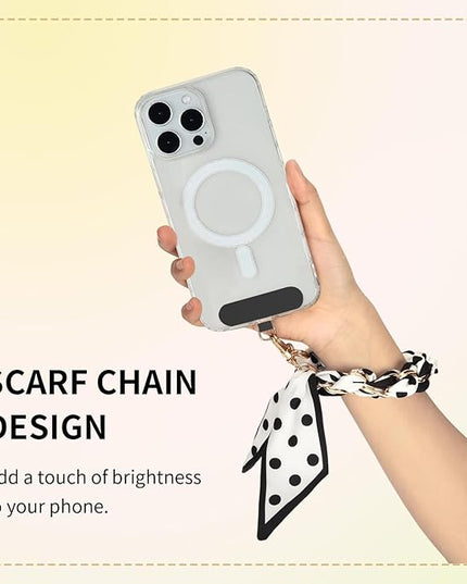 Fycyko Phone Wrist Strap with Gold Metal Scarf and Universal Tether Tab, Aesthetic Print Design Ribbon Chain, Multi-Purpose Accessories for Bag Key Cellphone for Men Women Girls-Black Polka Dot