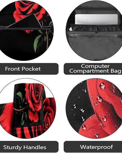 Large Backpack with 15.6 Inch Laptop Compartment, Red Rose Black Adult Backpack for Work, Travel & School College Boys Girls