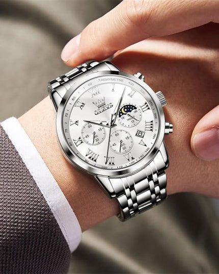 OLEVS Mens Watch Luxury Big Face Stainless Steel Analog Quartz Multifunctional Waterproof Luminous Date Two Tone Fashion Dress Wrist Watches for Man