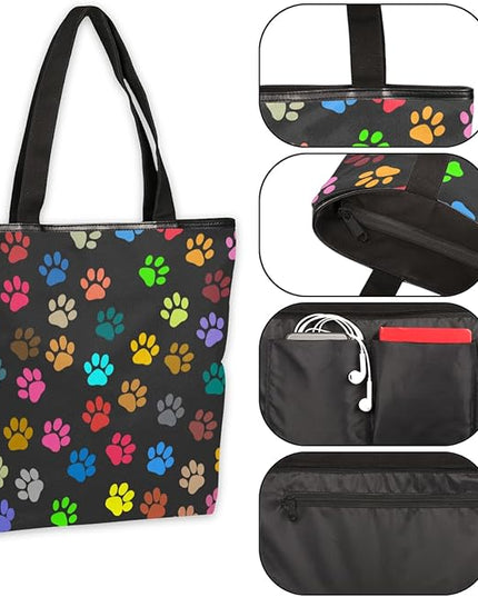 Pardick Colorful Animal Paw Prints Canvas Tote Bag, Eco Friendly Cute Reusable Grocery Shopping Bag With Zipper Inner Pocket for Women & Girls