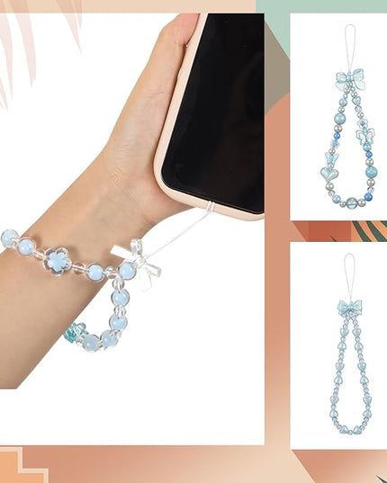 Ecally 3 Pcs Phone Charms Strap Camera Charm Strap Pearl Beaded Butterfly Bow Flower Cute Phone Wrist Lanyard Bracelet for Camera Keychain Wallet Decor Christmas New Year Gifts