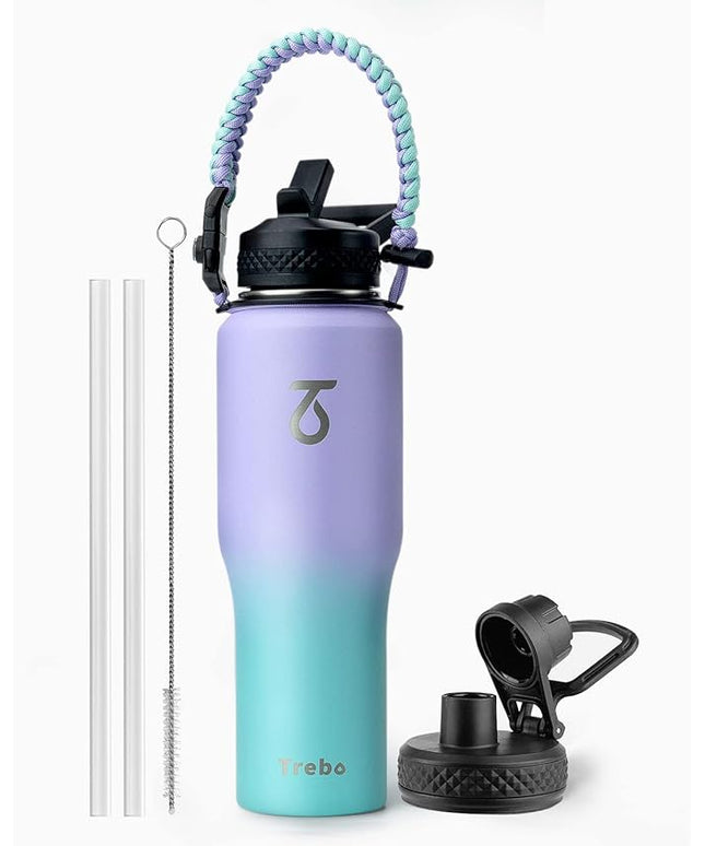 Trebo 32oz Insulated Water Bottle that Fits in Cup Holder, Stainless Steel Double Wall Tumbler Bottles with Paracord Handle, Flask with Straw Spout Lids, Keep Cold for 48 Hrs/Hot 24 Hrs,Cotton Candy
