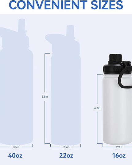 DOMICARE 16 oz Kids Water Bottle for School Stainless Steel Double Wall Vacuum Insulated Water Bottle with Straw lids & Spout Lid, Leakproof BPA Free (White,8)
