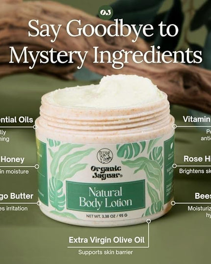 Organic Jaguar Natural Body Lotion, 8 oz, Moisturizer With Essential Oils, Vitamin E Oil, Beeswax, Extra Virgin Olive Oil, Raw Honey, Mango Butter, Sulfate & Paraben Free Body Care, Tropical Scent