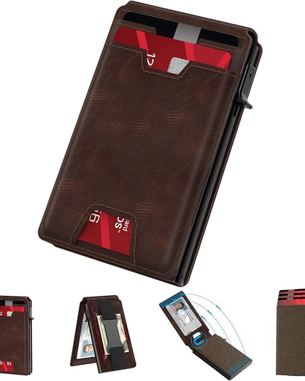typecase Smart Wallet Card Holder for Men: Pop Up Card Case, Premium Genuine Leather, RFID Blocking, Slim, Minimalist, Thin, Front Pocket - 13 Card Capacitiy, ID Window, Cash Strap (Brown)