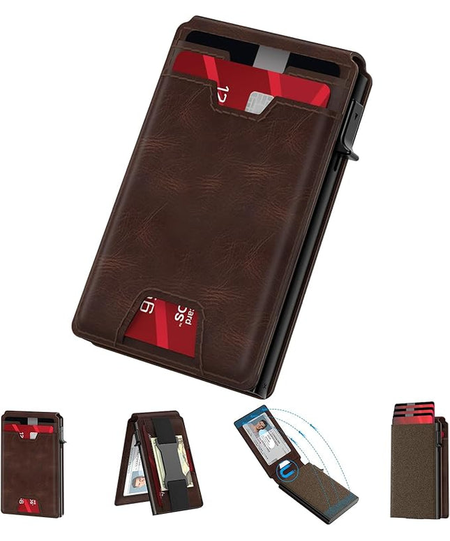 typecase Smart Wallet Card Holder for Men: Pop Up Card Case, Premium Genuine Leather, RFID Blocking, Slim, Minimalist, Thin, Front Pocket - 13 Card Capacitiy, ID Window, Cash Strap (Brown)