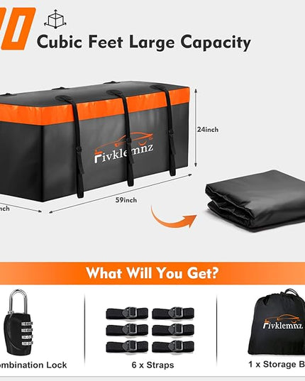 Hitch Mount Cargo Carrier Bag, 20 Cubic Feet 100% Waterproof Car Tray Luggage Bag (59" 24" 24") with 6 Reinforced Straps + 1 Combination Lock, Fits for All Vehicles with Steel Trailer Basket